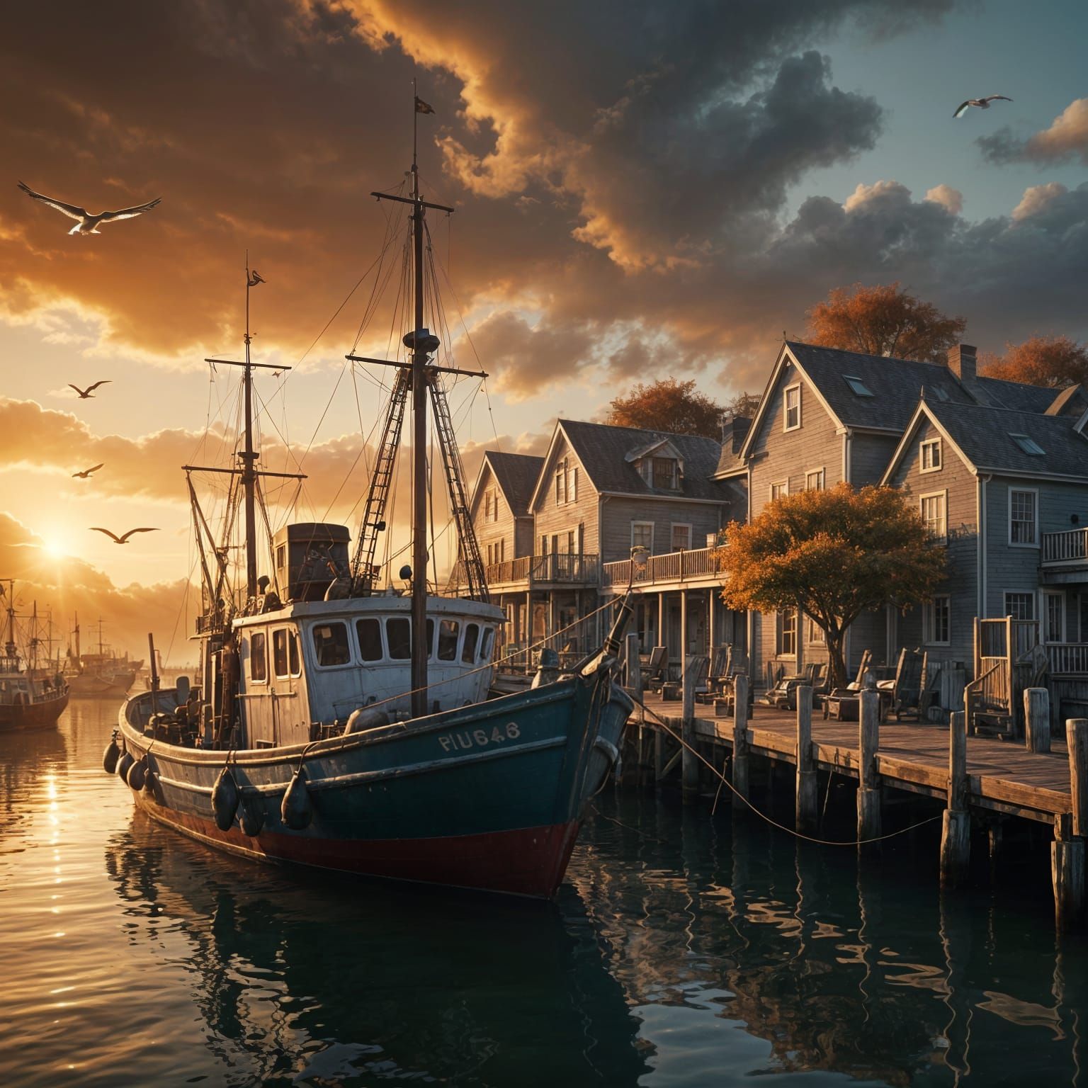 Vibrant Autumn Harbor Scene in Epic Digital Painting Style