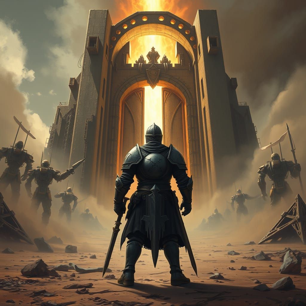 Knight Before Energy Gateway in Post-Apocalyptic Wasteland