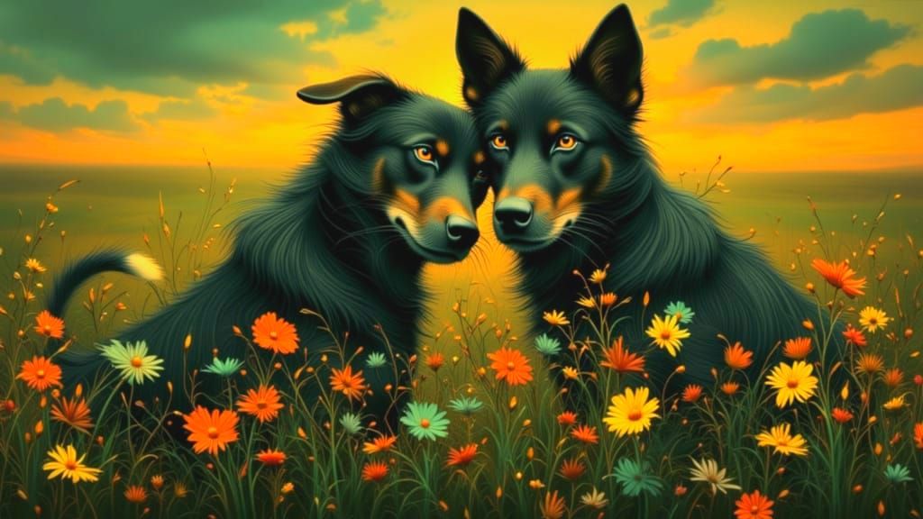 Dog Friends in Golden Flower Field at Dawn