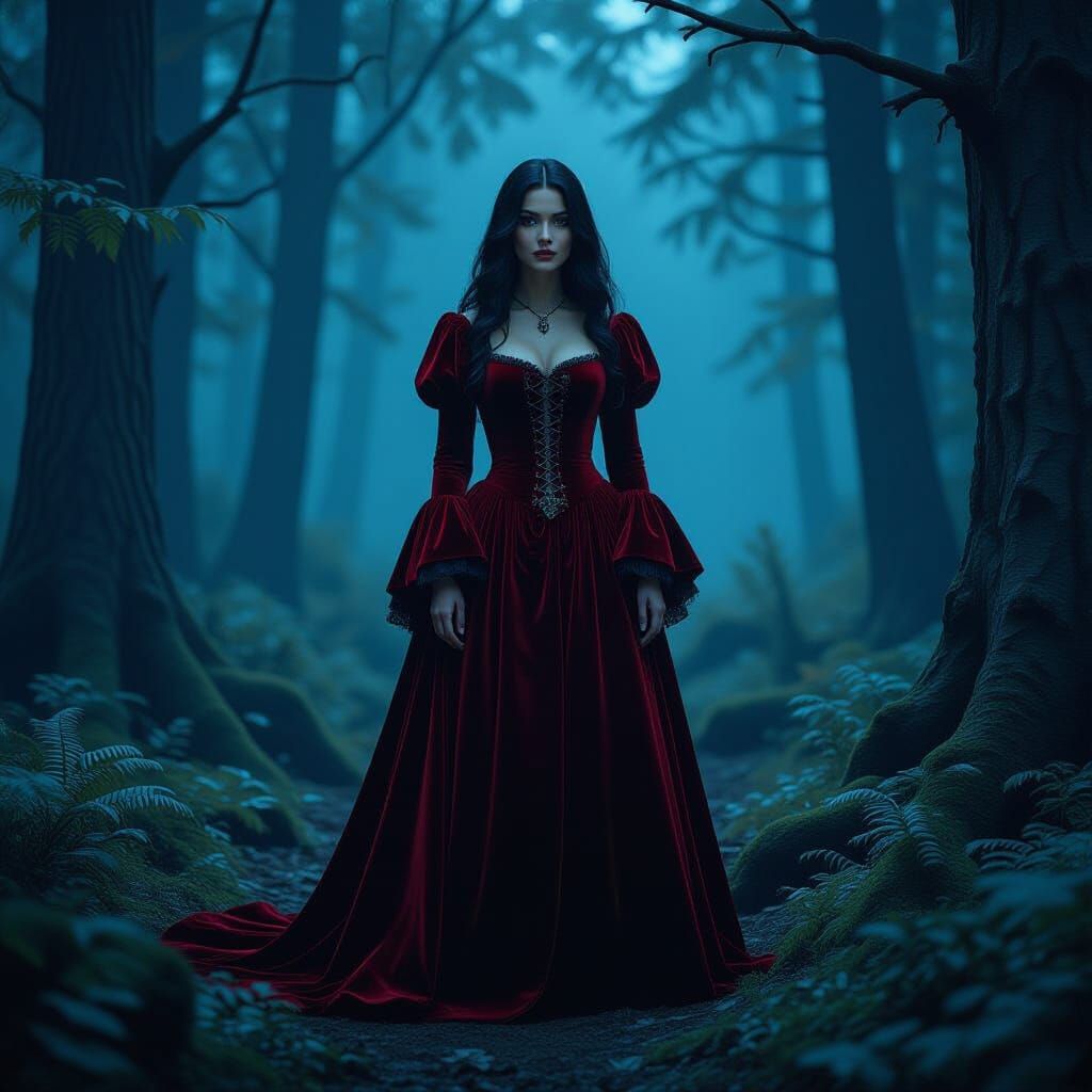 Snow White in Crimson Velvet, Gothic Forest Scene