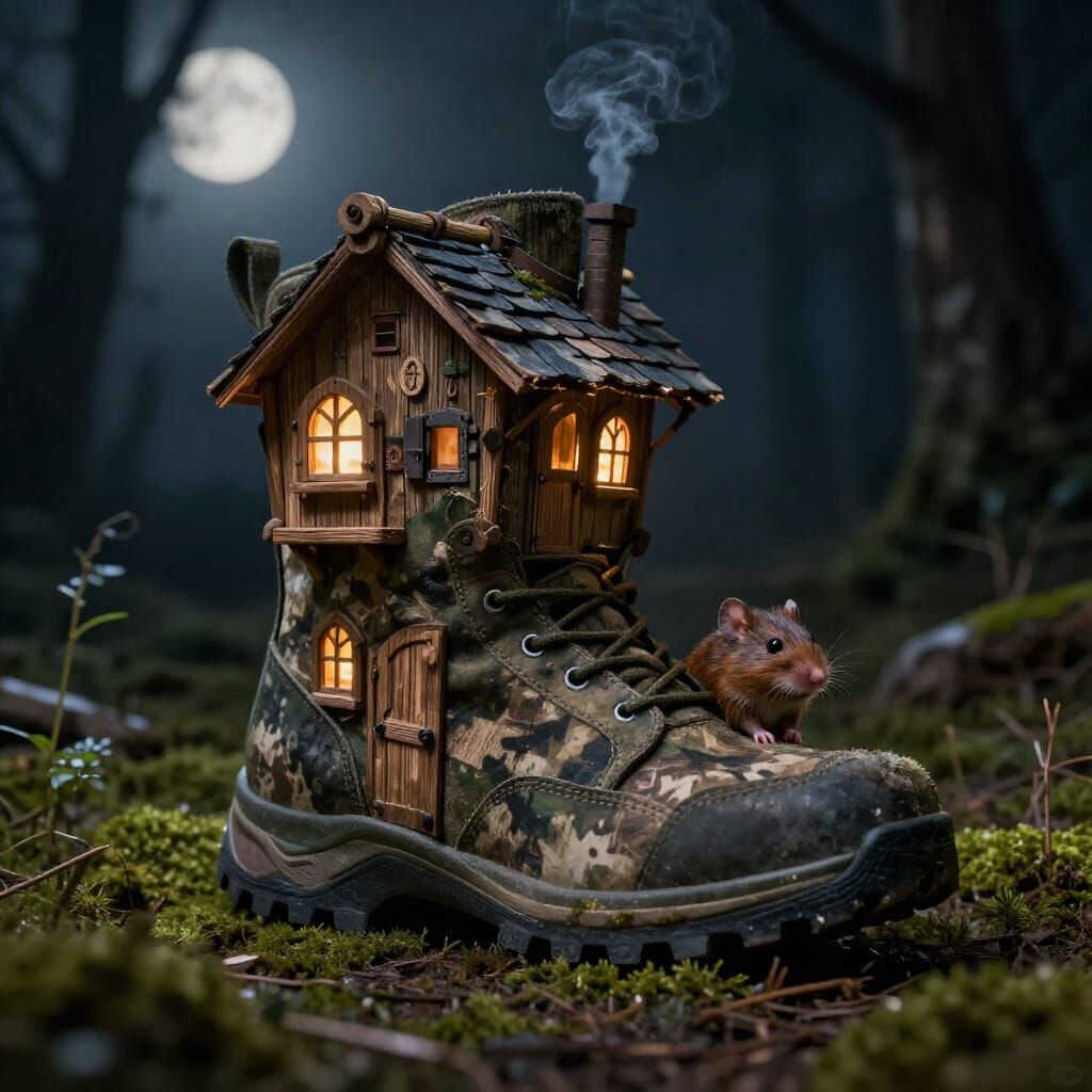 Mouse Home Inside Camo Boot at Night