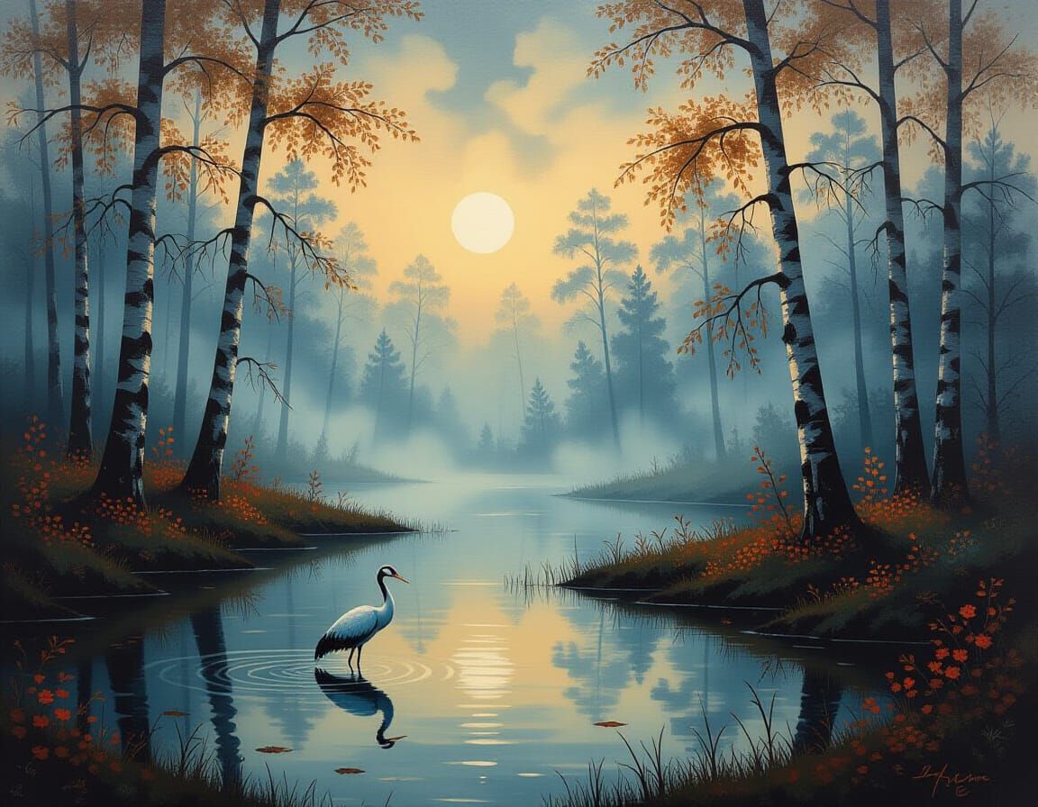 Autumn Foggy Forest with Crane in Vintage Watercolor Style