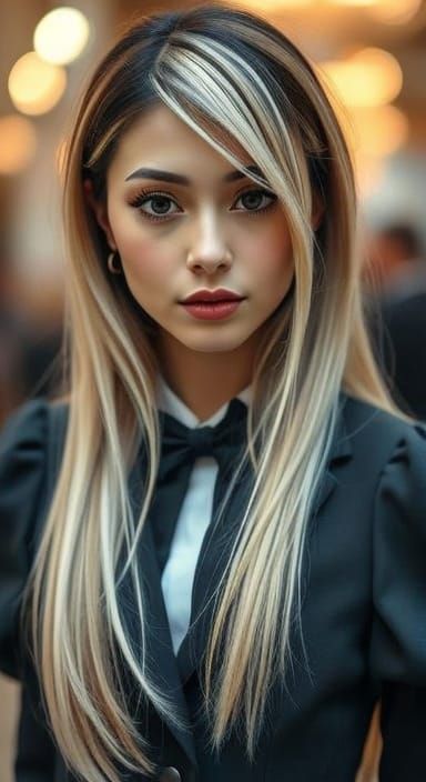 Elegant Woman in Tuxedo with Emo Hair, Close-Up Portrait