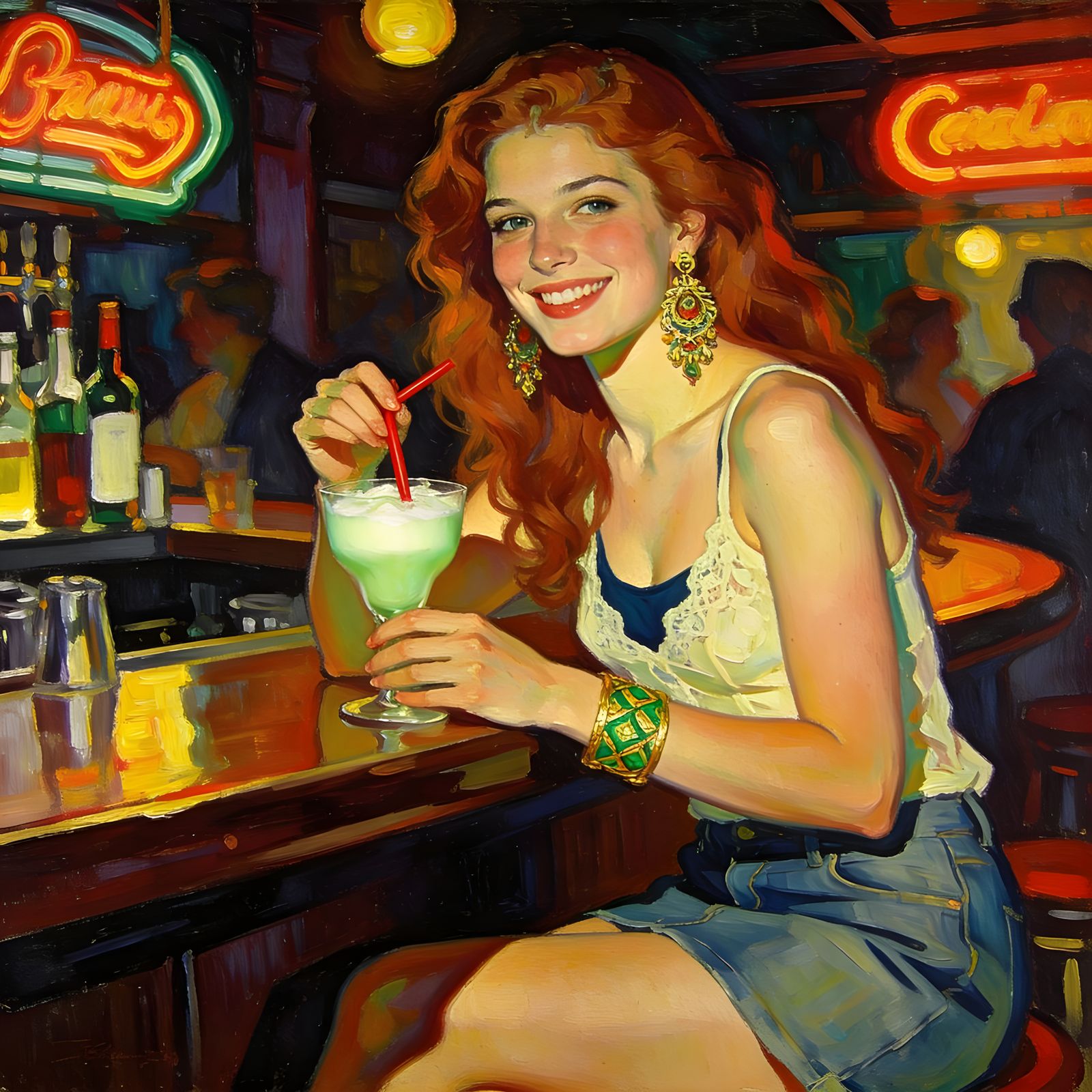 Early 2000s Woman Enjoys Cocktail at Bar