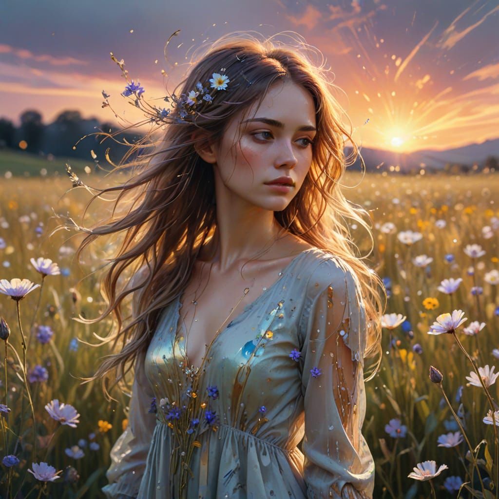 Ethereal Girl in Flower Field with Iridescent Drips