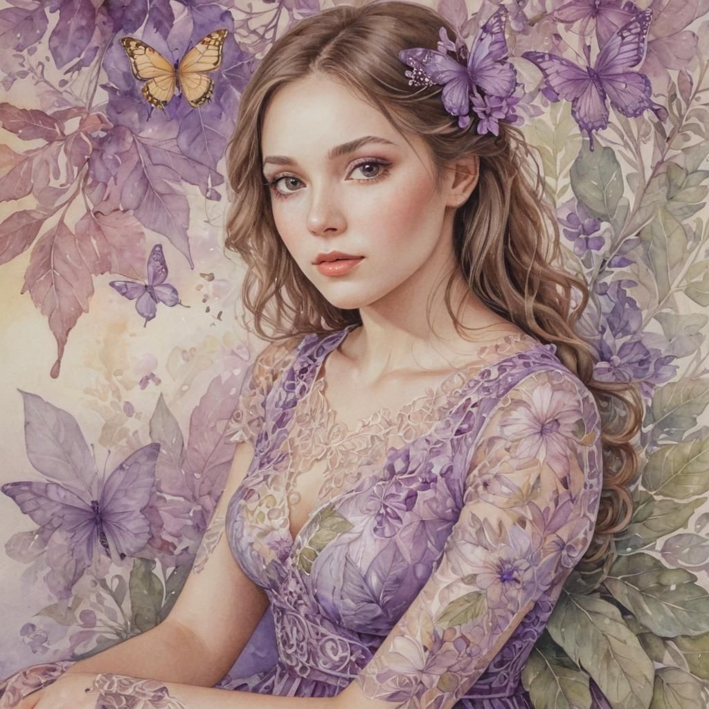Dreamy Watercolor of Russian Woman in Purple Dress