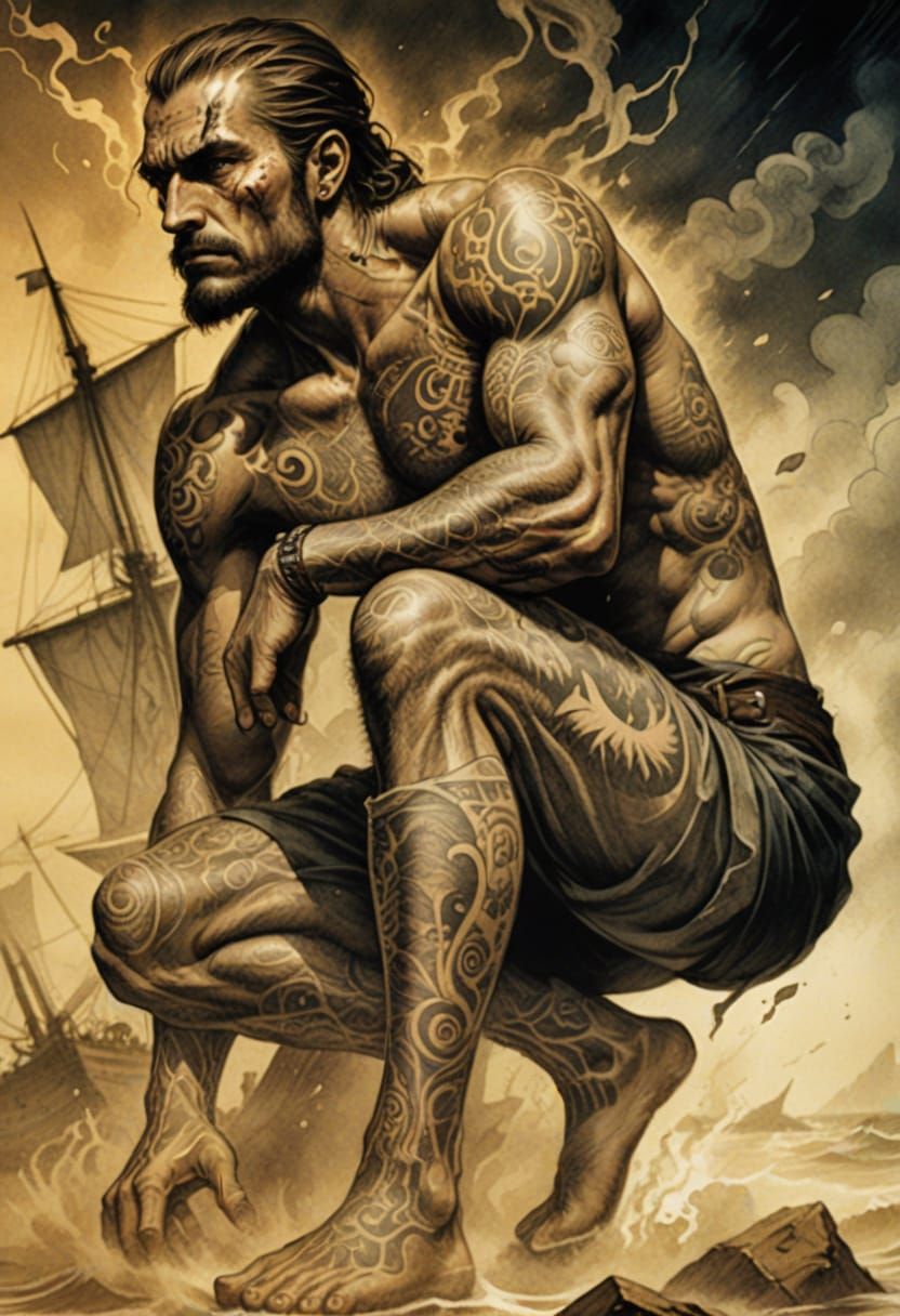 Mysterious Sailor in Loincloth, Shipwrecked in Golden Hour