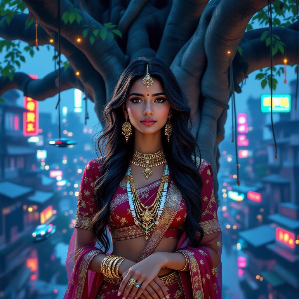 Cyberpunk Banyan Tree: Serene Indian Woman in Neon City