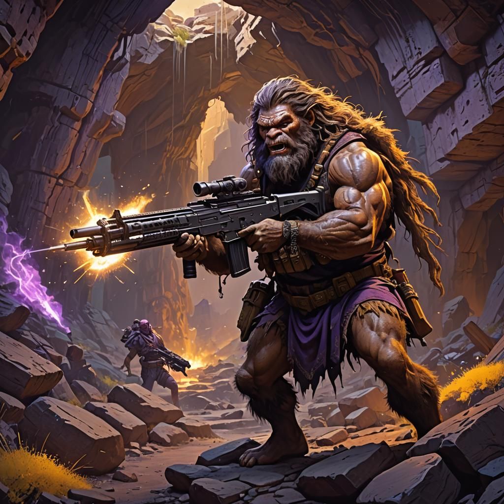 Caveman using a machine gun