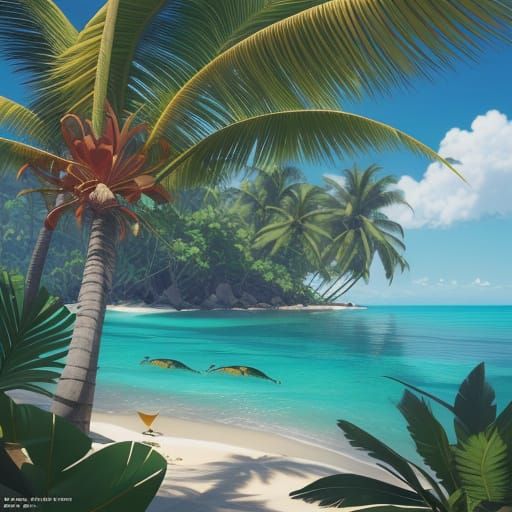 Salamander Sunbathing on Tropical Beach in Anime Style