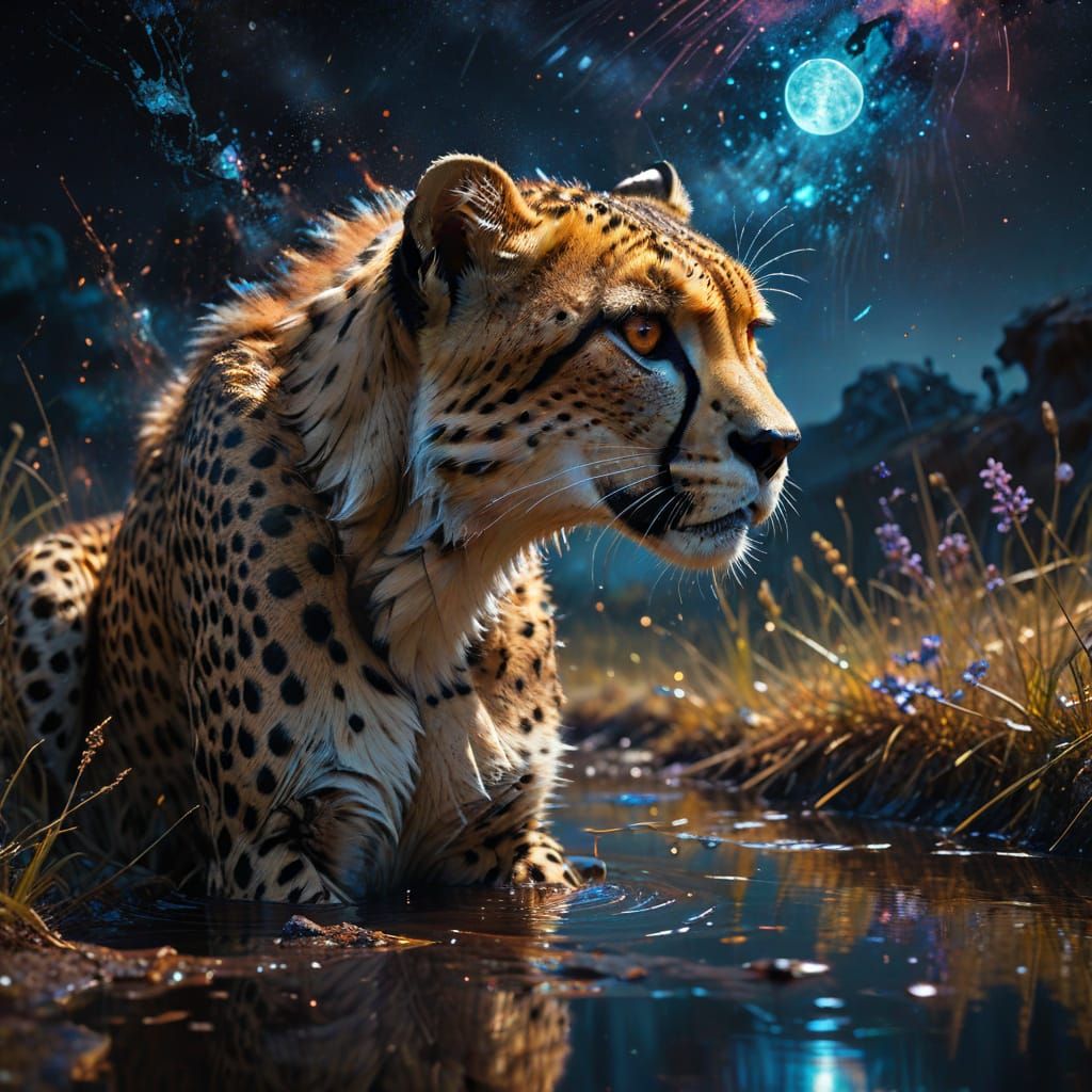 Cheetah's Reflection in Starry Savanna Waterhole - Fine Art