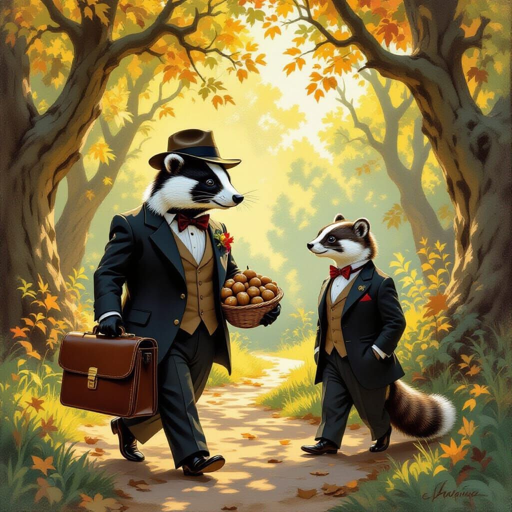 Debonair Badger Businessman Meeting Stoat, in Impressionist ...