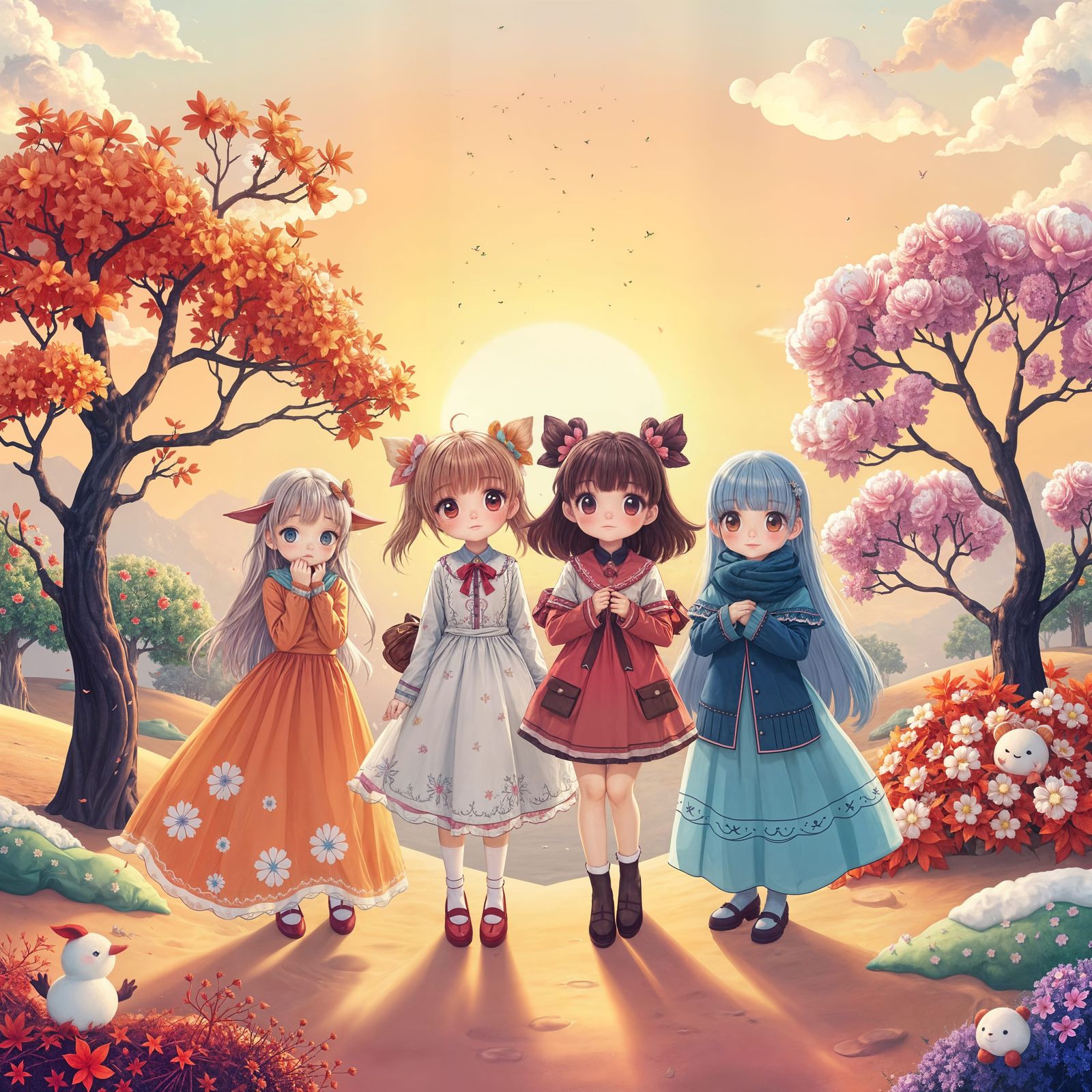 Seasonal Sisters in Vibrant Fantasy Landscape
