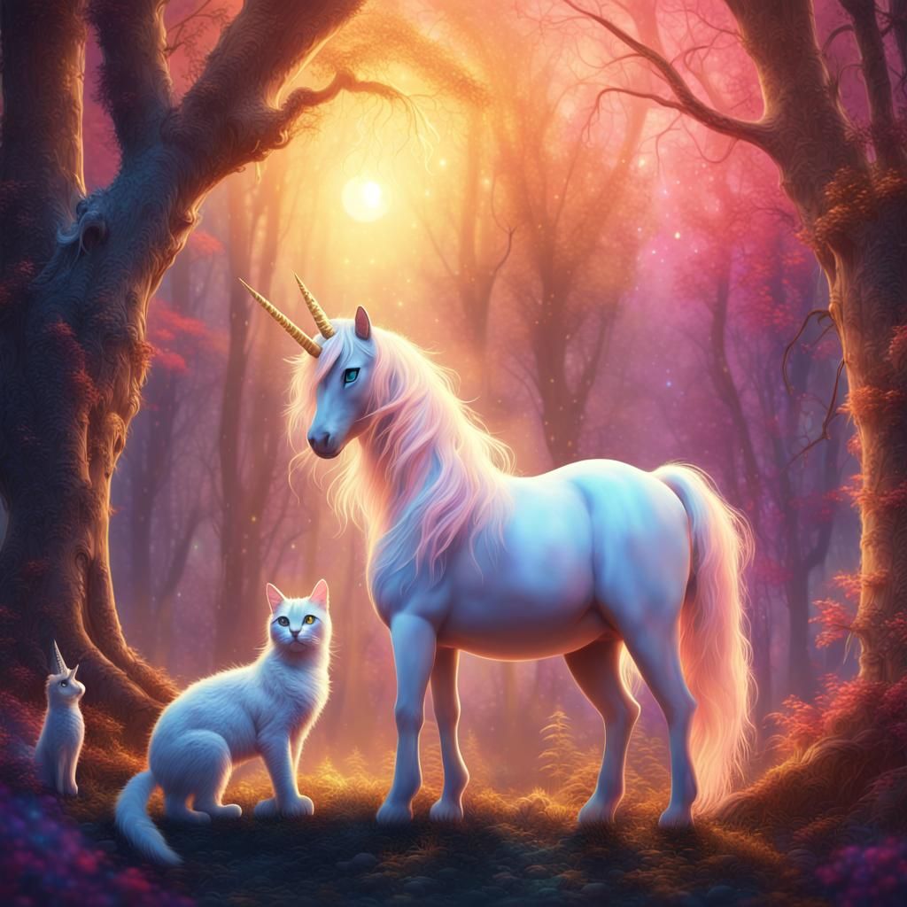 Enchanted Forest: Cat and Unicorn in Digital Art