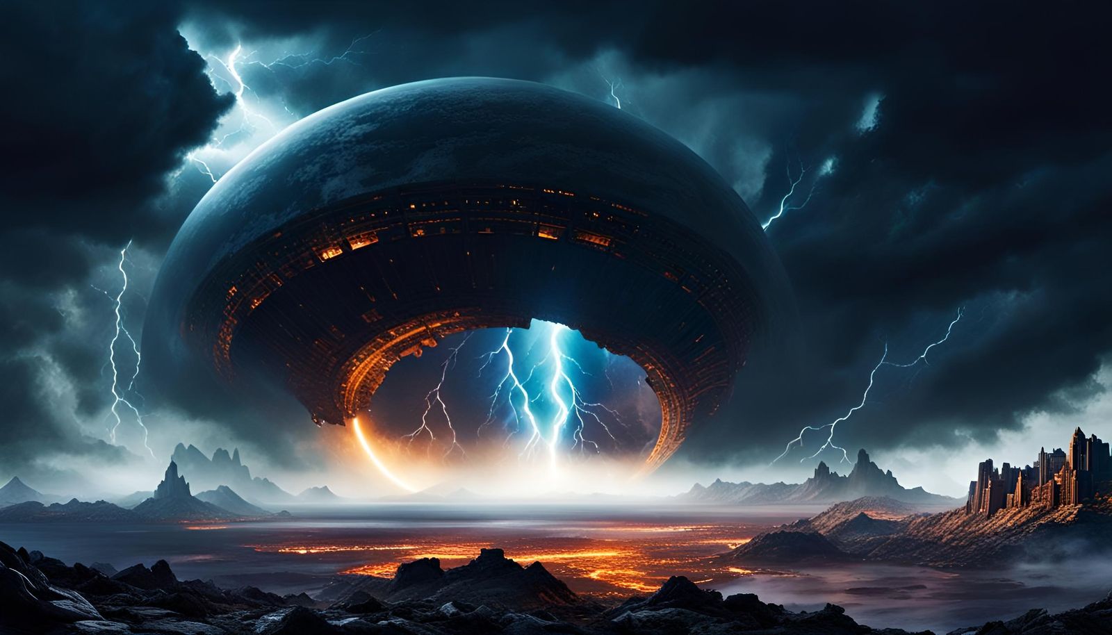 Eerie Alien Ruins Under Stormy Skies