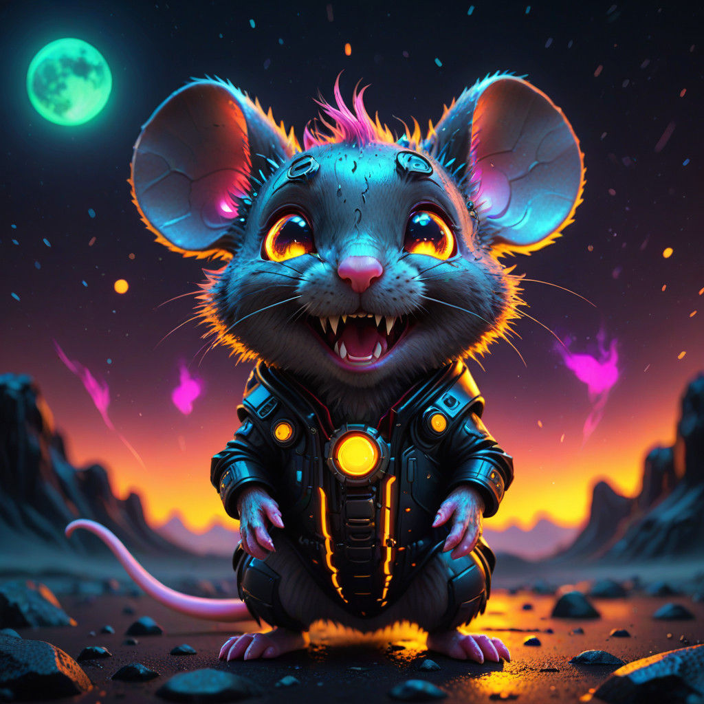 Cyberpunk Chibi Mouse: Mad Vampire with Neon Implants