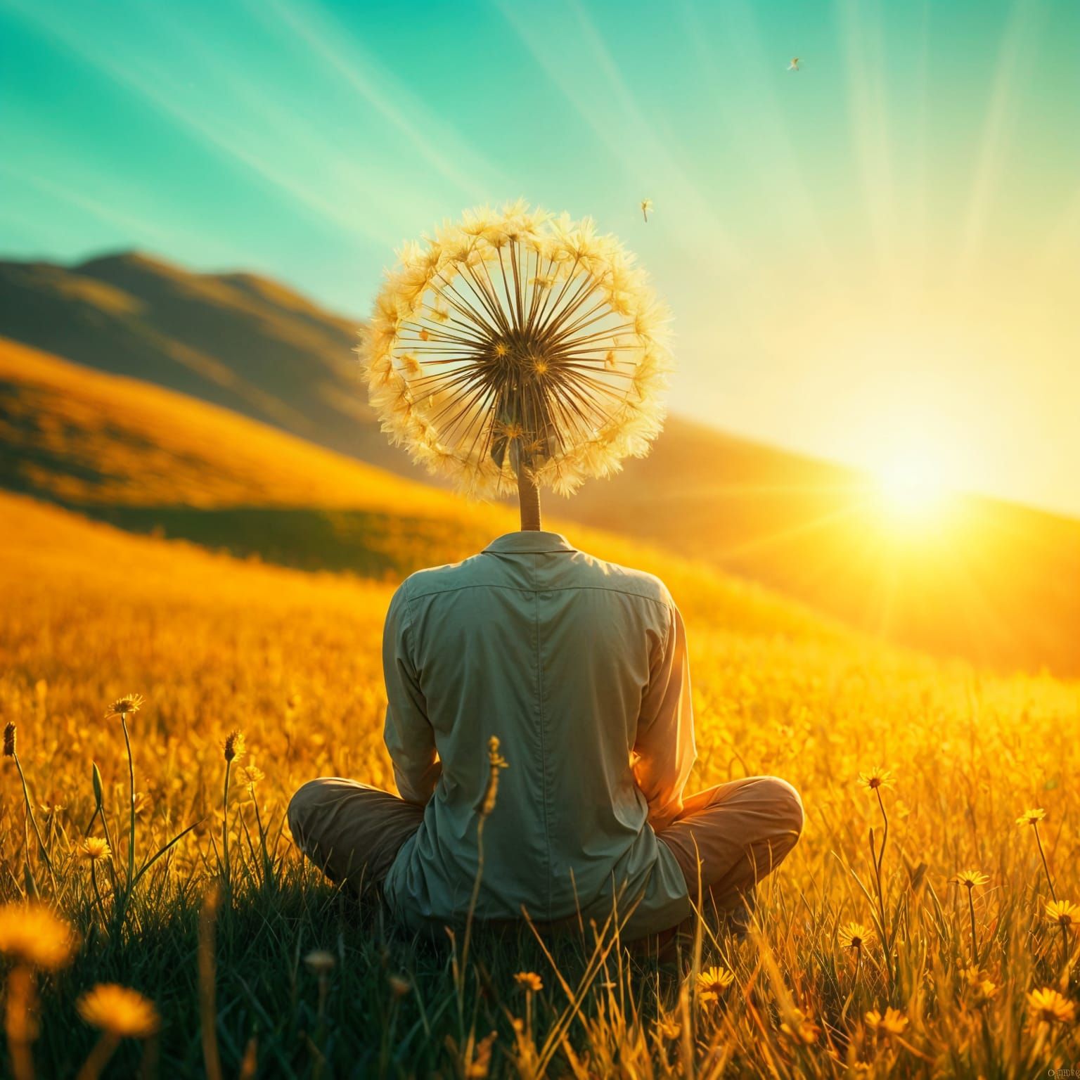 Surreal Meadow Figure with Dandelion Head in Vibrant Triadic...