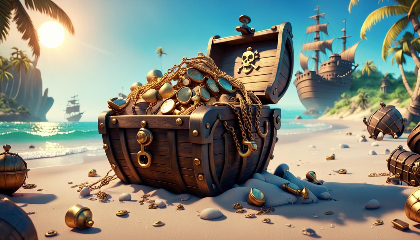 Pirates Discover Treasure on Seashore: 3D Digital Art