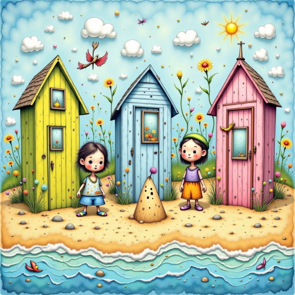 Whimsical Beach Scene with Cartoon Art Style