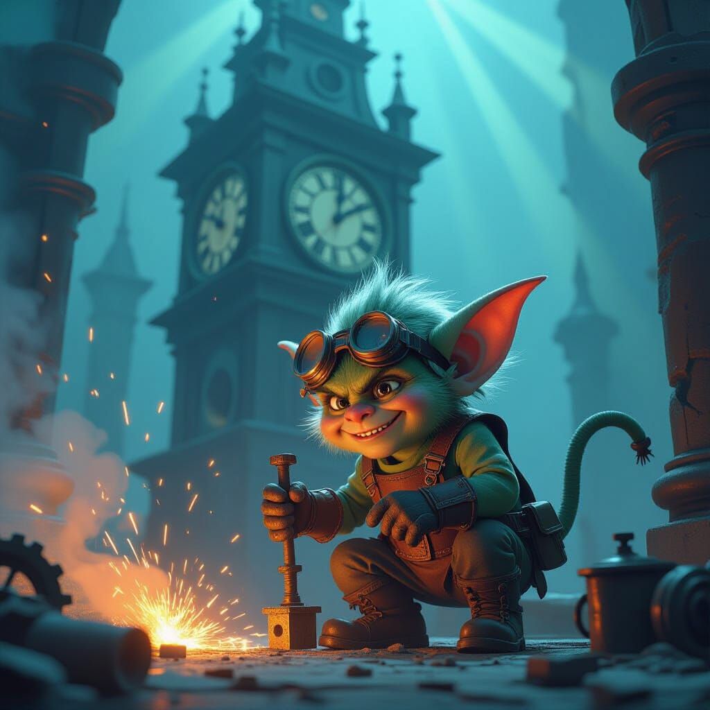 Steampunk Gremlin Repairs Clock Tower in Digital Art