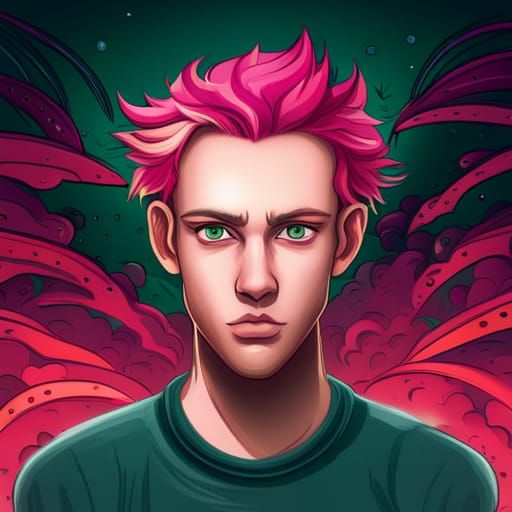 Cartoon Teen with Pink Hair and Scar