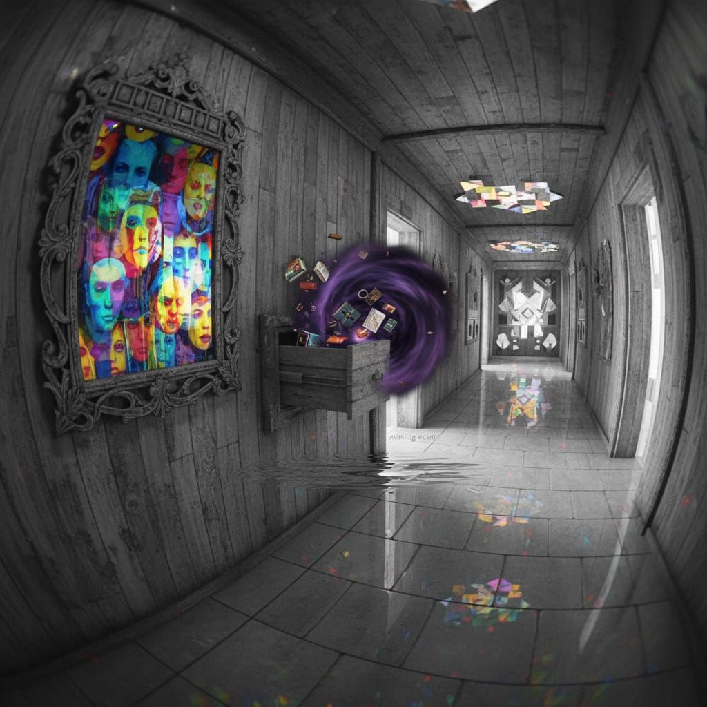 Stretching Hallway and Memory Mirror in Vibrant Photorealism