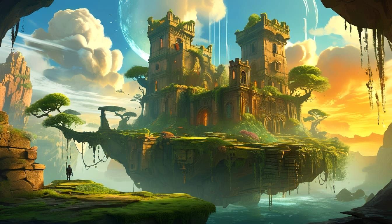 Mysterious Ruins on Floating Island in Golden Hour