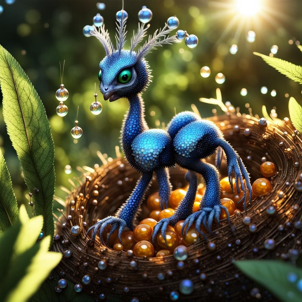 Fantasy Creatures Protecting Nest in Backlit Forest