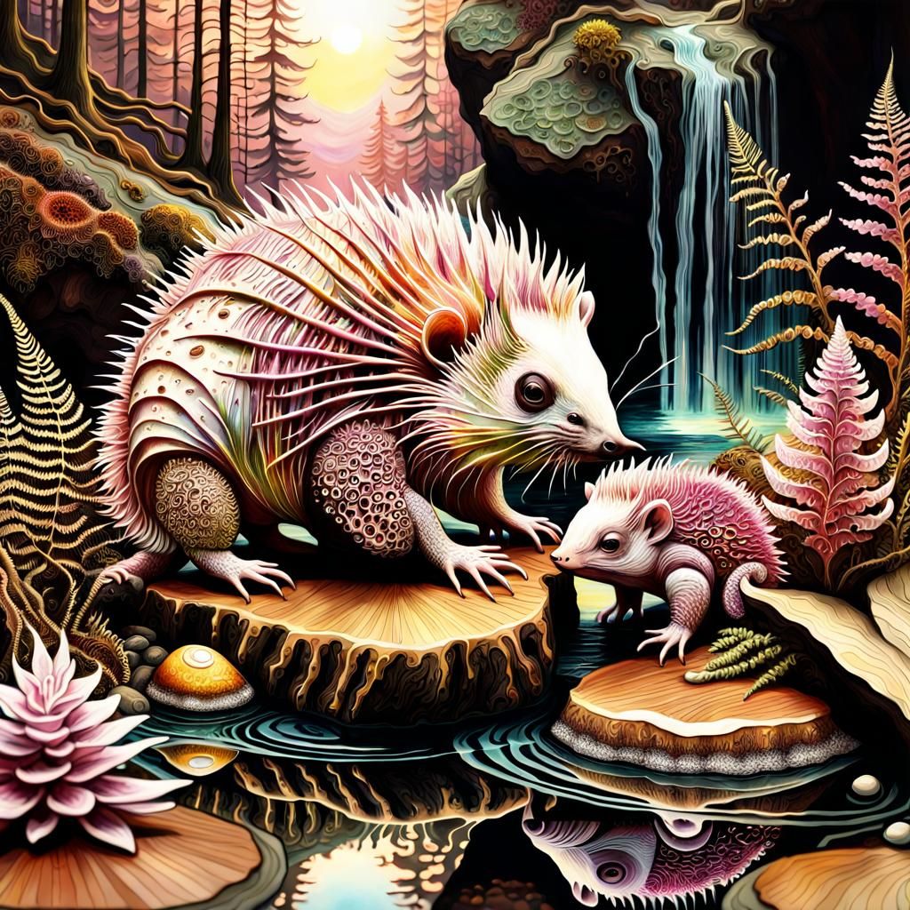 Porcupines in Magical Forest, Klimt-Inspired 3D Art