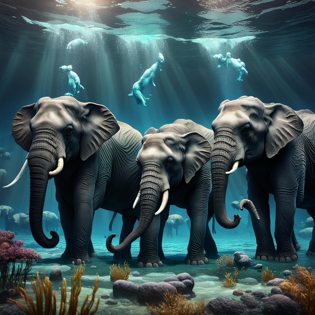 Elephants Swimming Underwater: Fantasy Concept Art