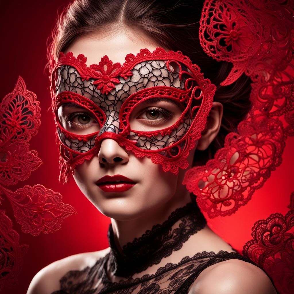 Woman in Red Lace Mask: High-Fashion Photography