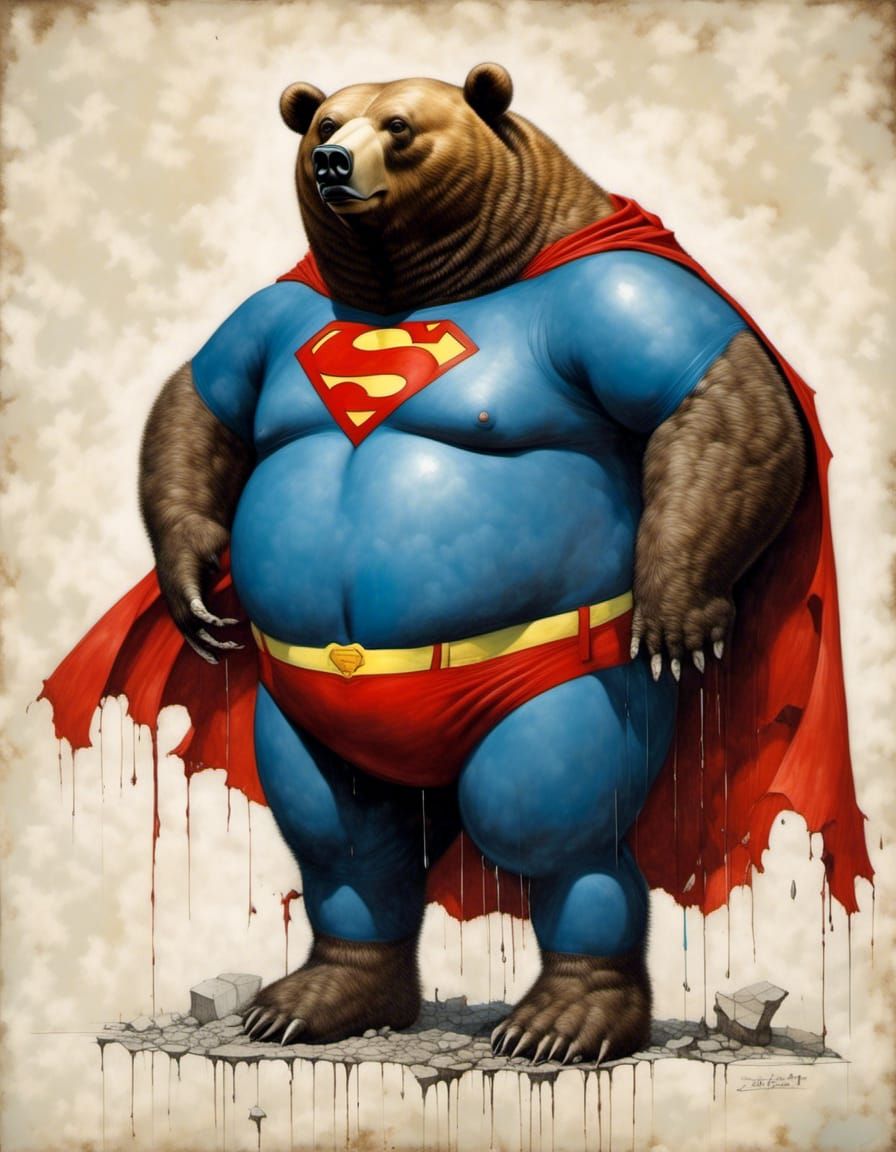 Obese Bear Superman Portrait in Cartoon Style
