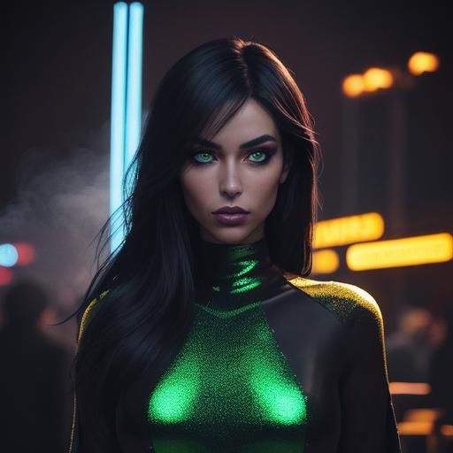 Green-Eyed Beauty in a Neon Nightclub