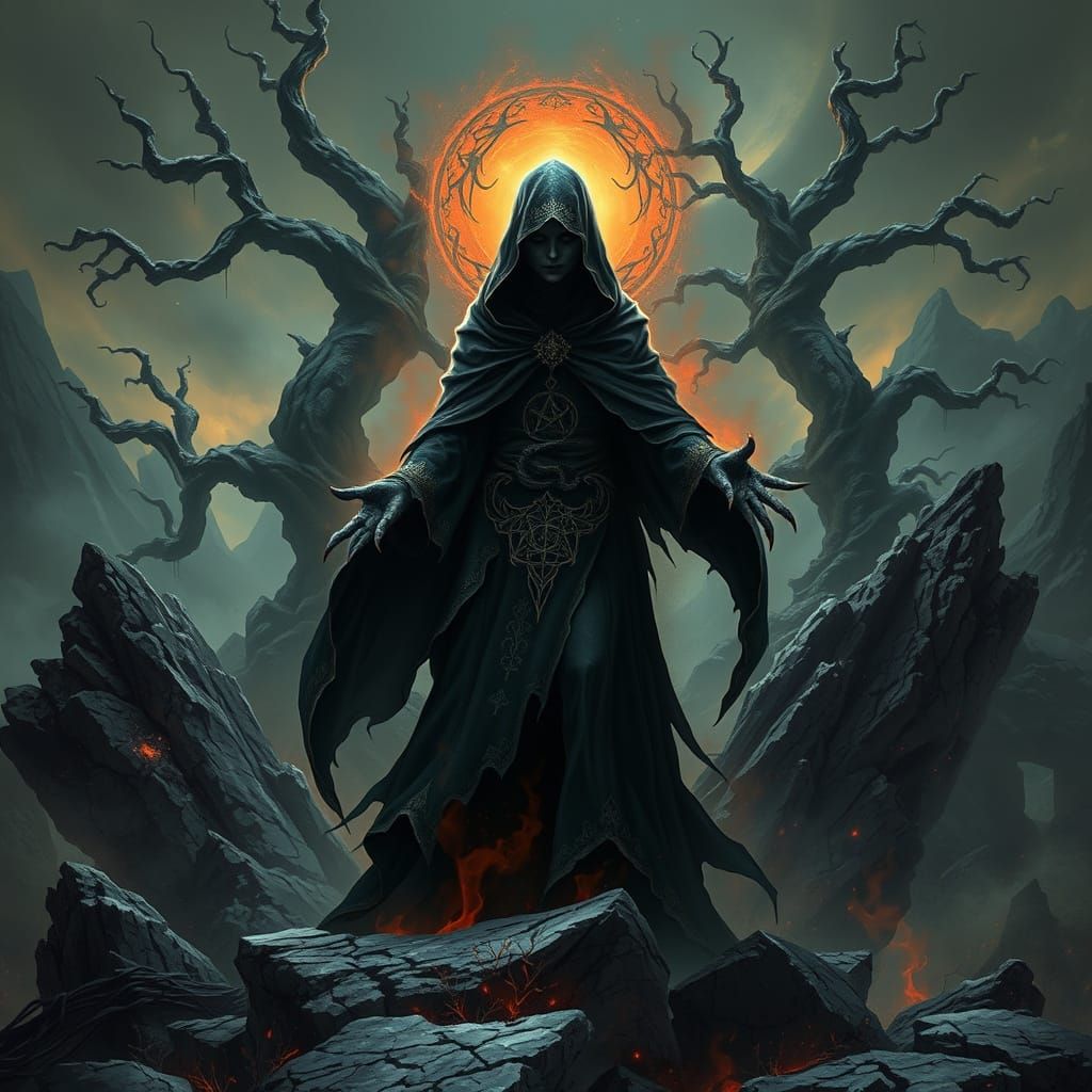 Dark Sorceress Amidst Twisted Granitic Outcropping in Dark F...