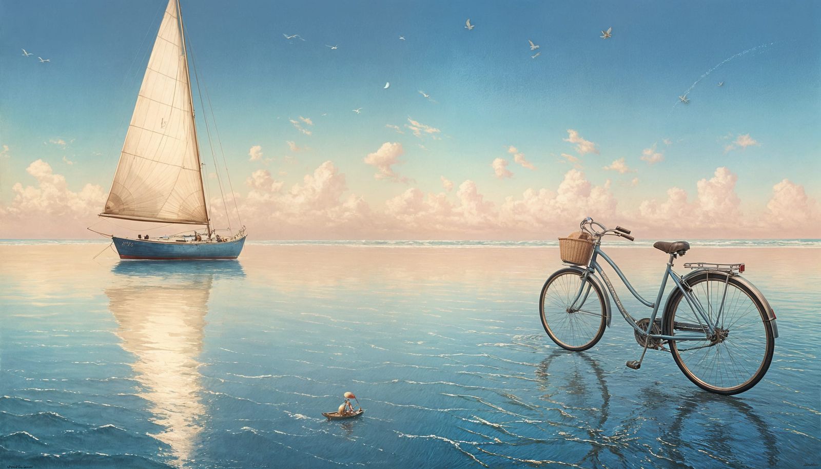 Dreamlike Bicycle and Boat at Sea, Surreal Lithograph