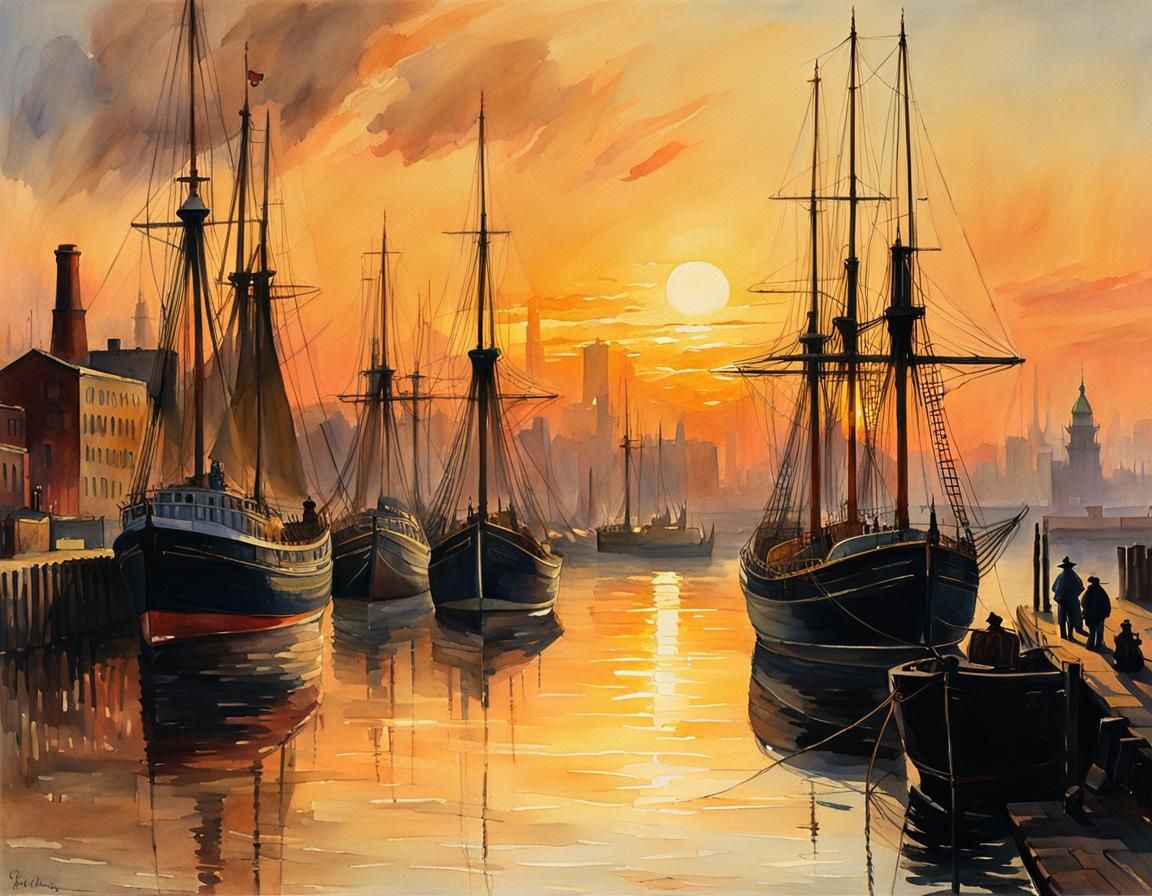 Liverpool Harbor Dusk: Hudson River School Watercolor