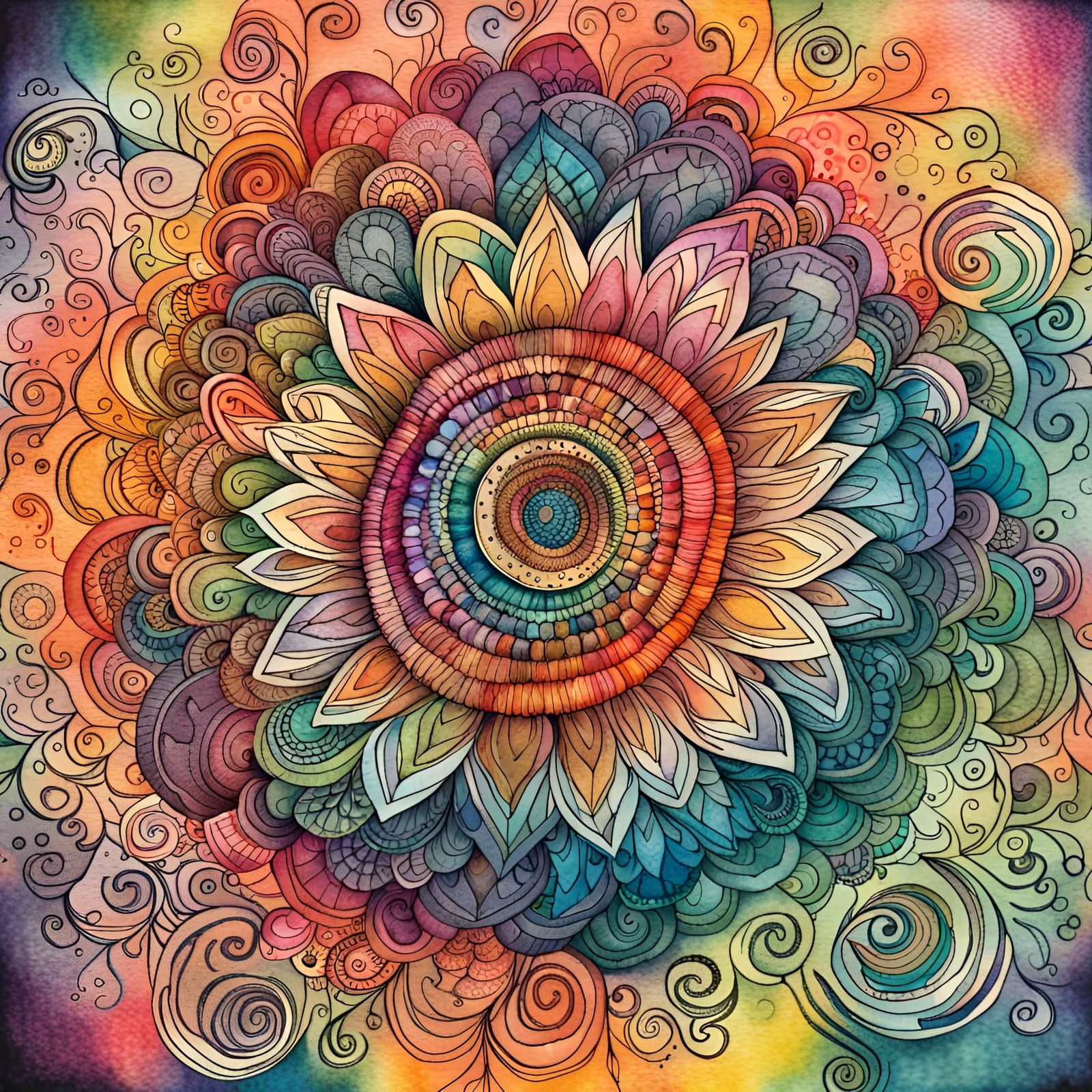 Intricate Pen and Ink Mandala with Watercolor Background