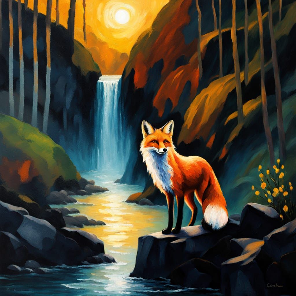 Fox by Waterfall at Night, Neo-Impressionist Style
