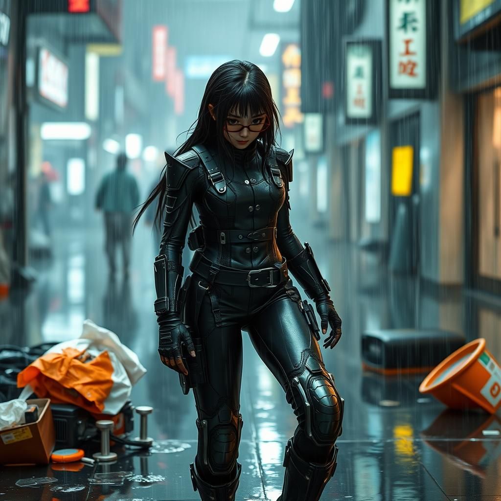 Cyberpunk Ninja Girl Walking in Rain
