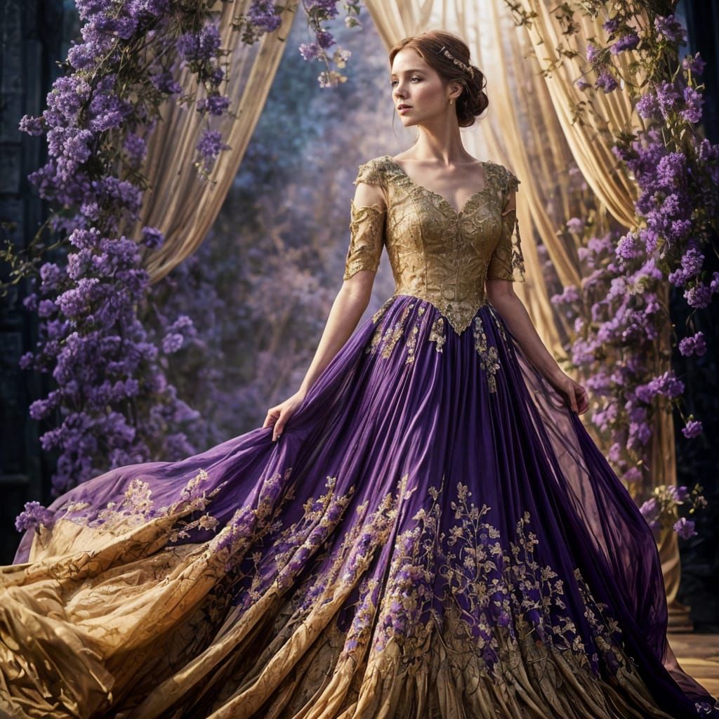 Woman in Flowing Purple Gown with Gold Embroidery