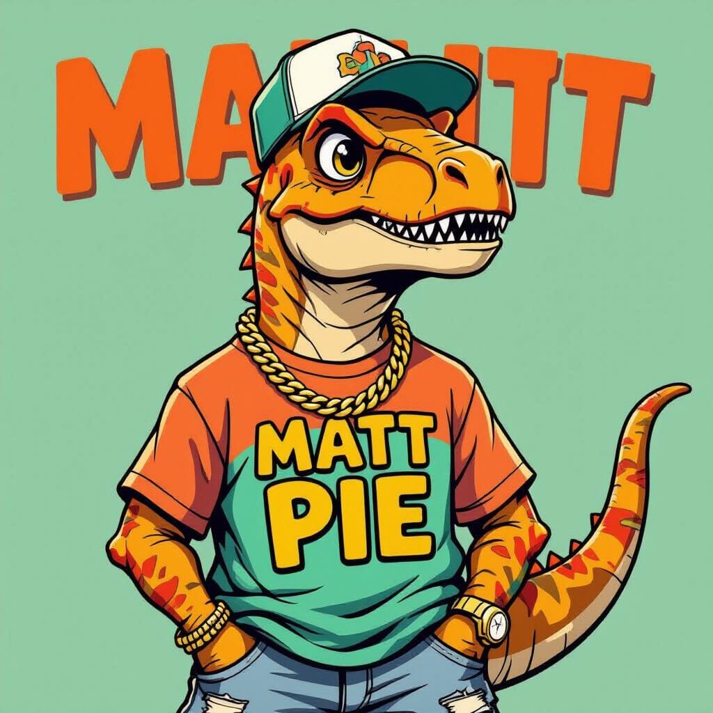 Cartoon Raptor Dinosaur in 90s Style with Gold Chain