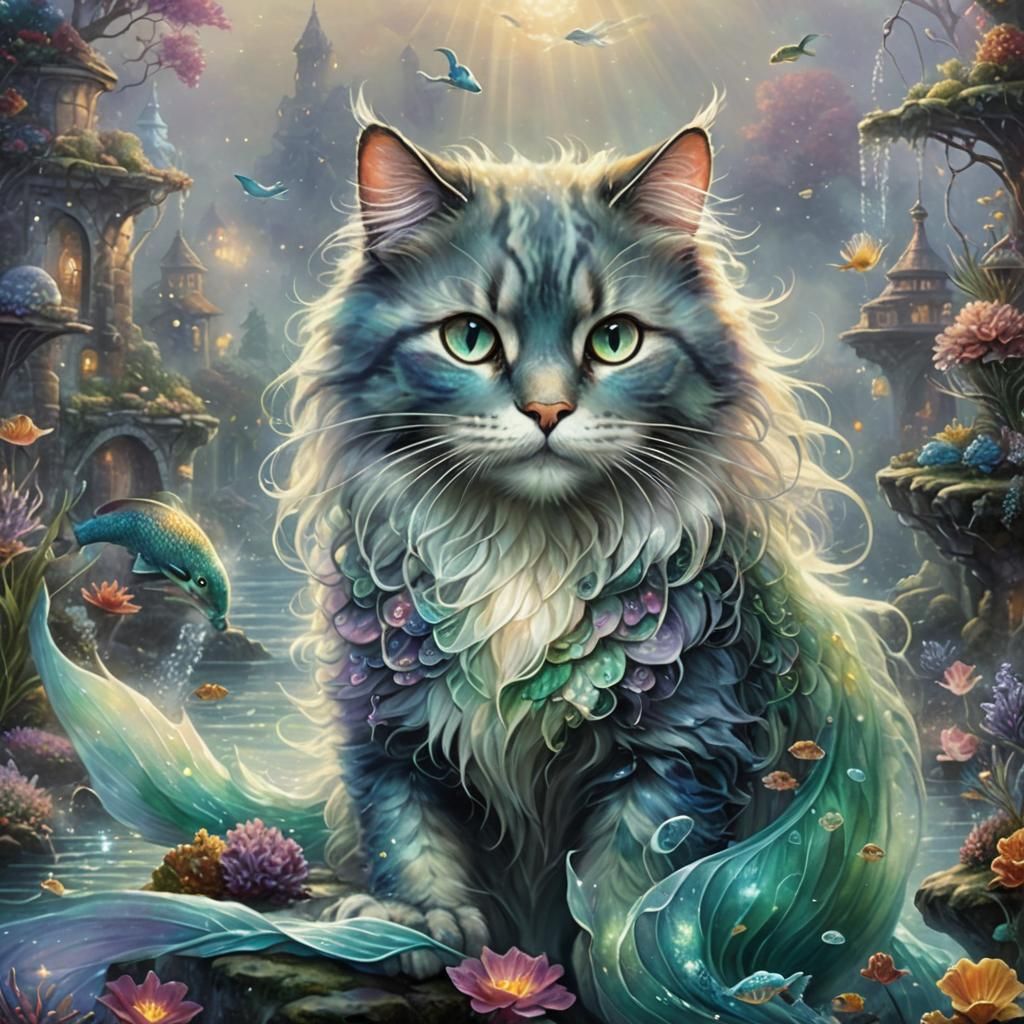 Ethereal Mermaid Cat in a Misty Fantasy