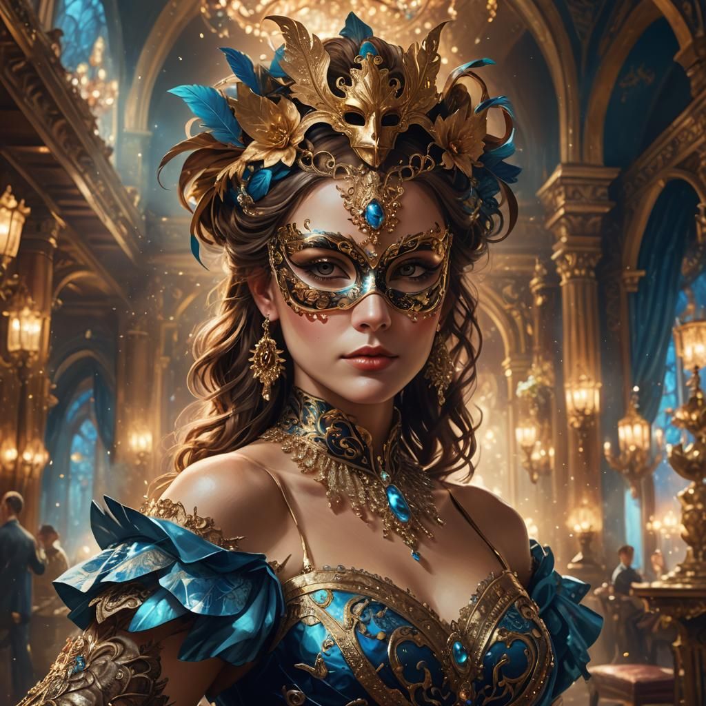 Elegant Woman in Gown with Mask, Fantasy Art