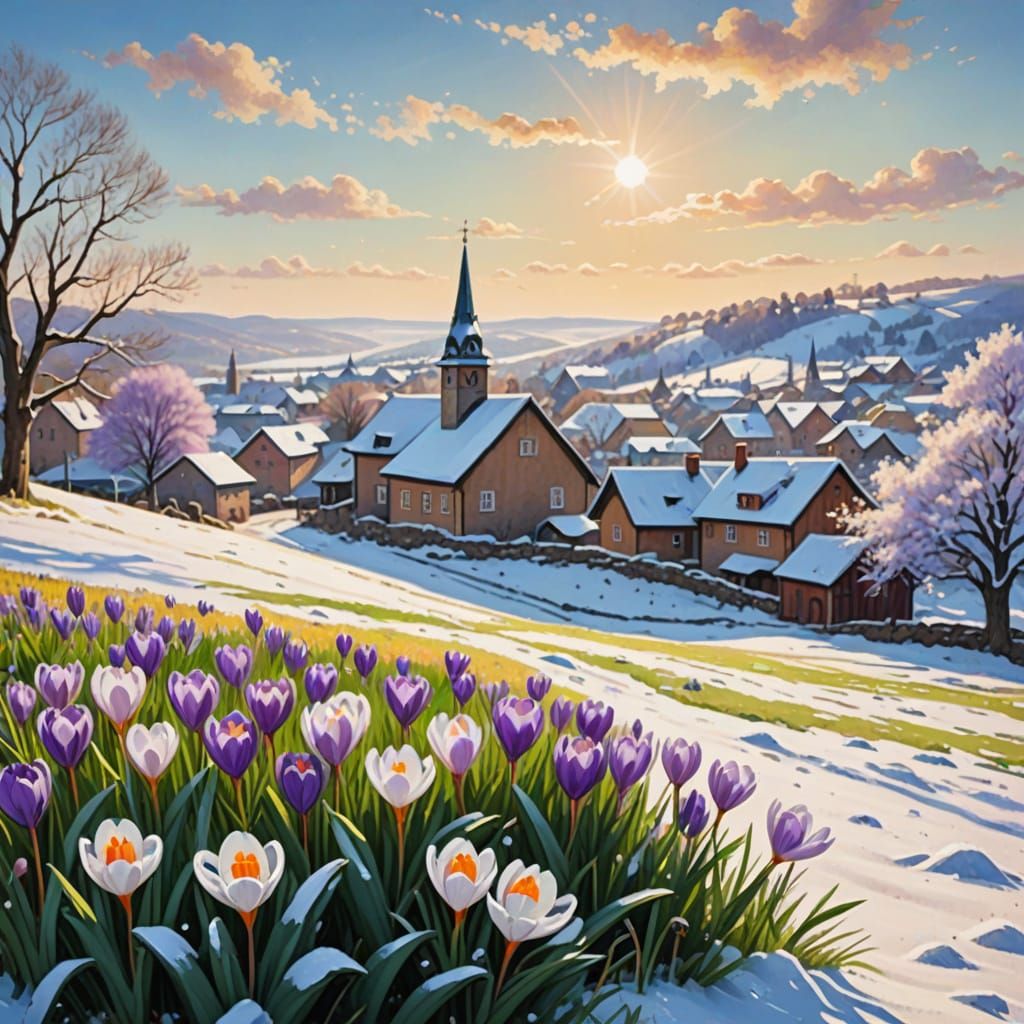 Spring Crocus Blooms Over New England Village in Impressioni...