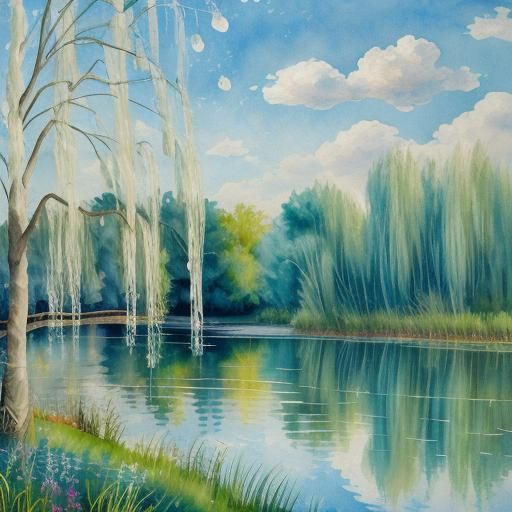 Willow Tree by River in Gouache Impressionism