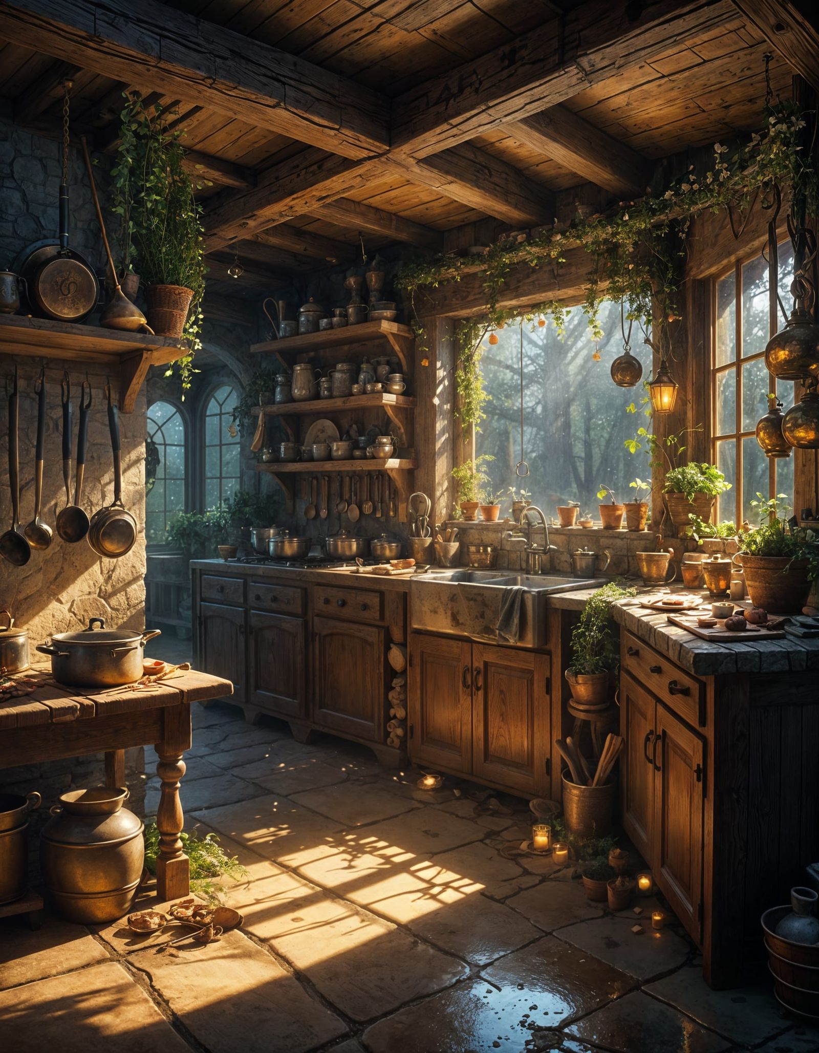 Magical Cottage Kitchen Cooking Feast in Golden Light