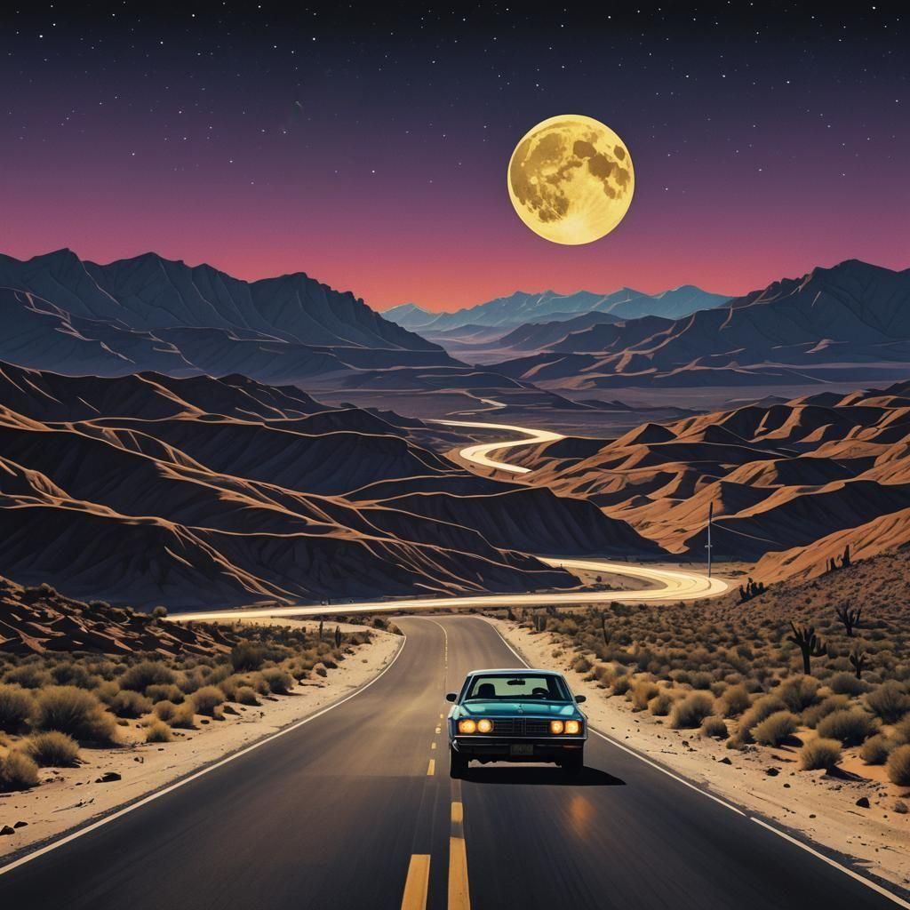 Desert Highway Car Headlights in Pop Art Style