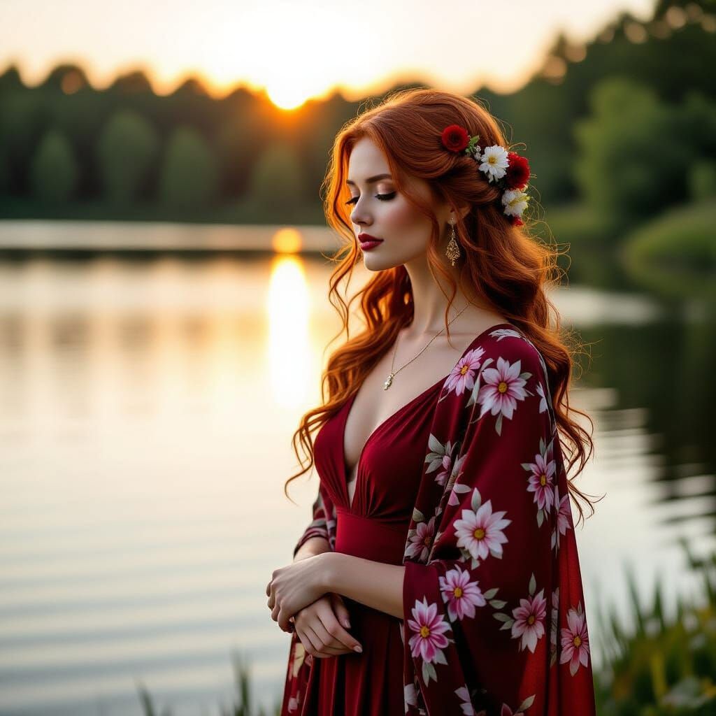 A woman with flowing red hair adorned with flowers stands by...