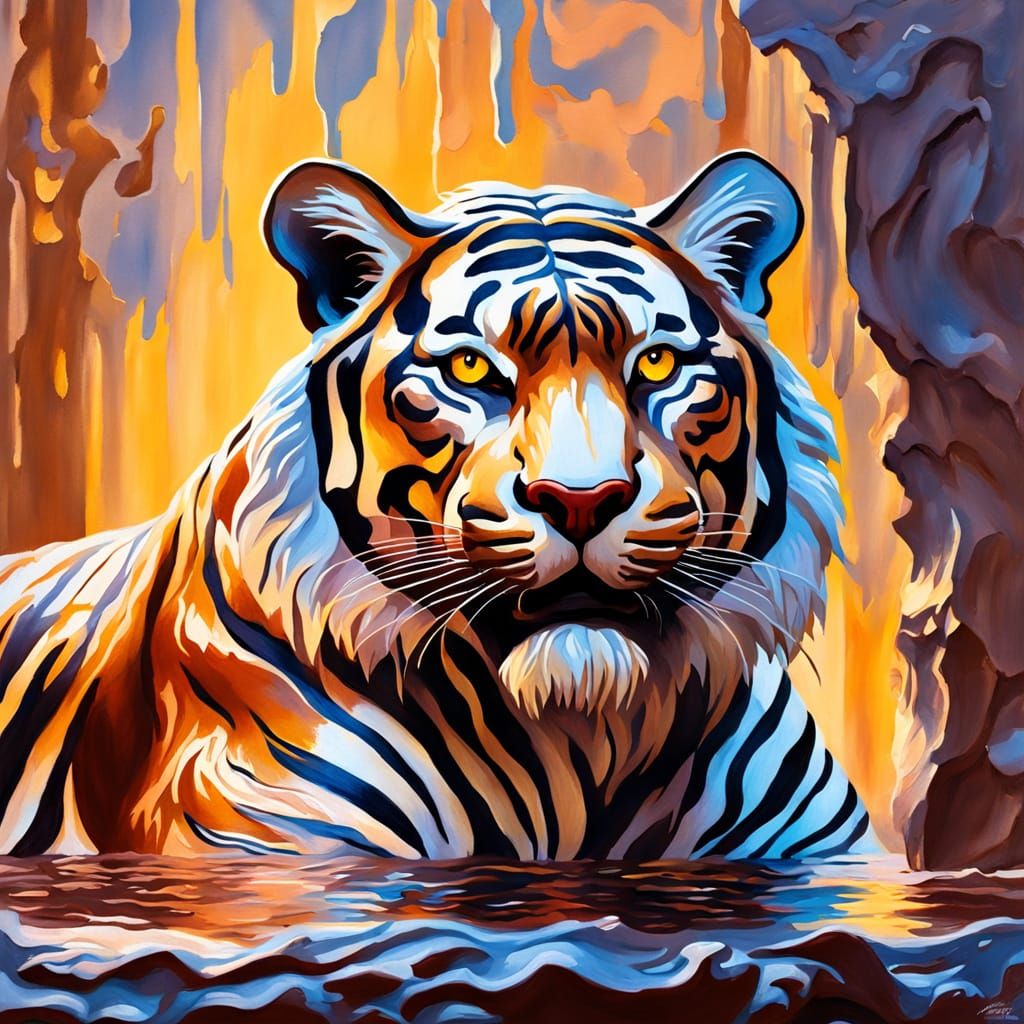 Melting Chocolate Tiger Sculpture in Gouache Painting Style