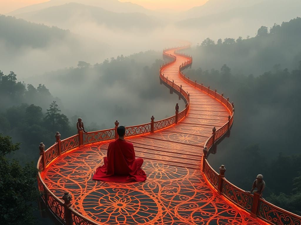 Dreamlike Figure on Glowing Bridge in Misty Forest